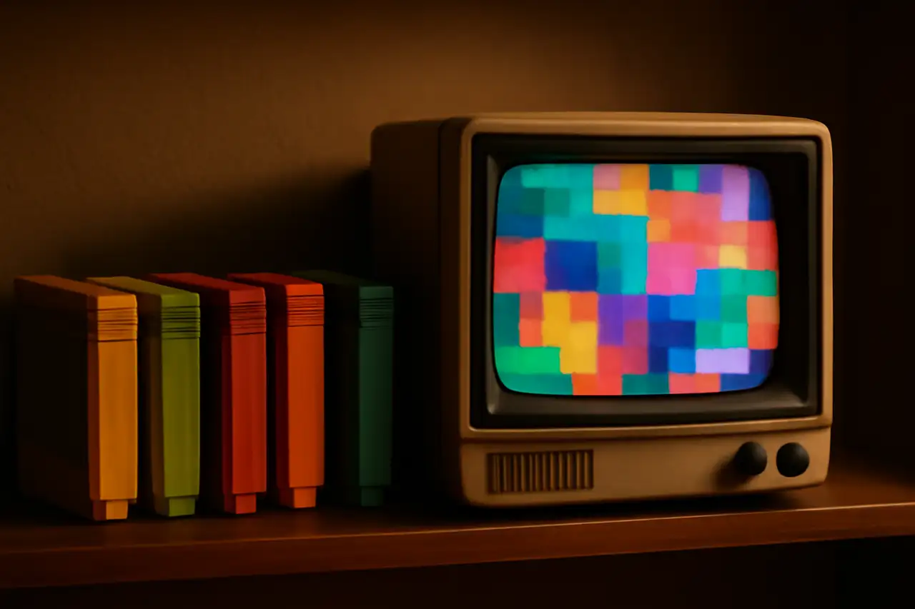 Regal mit alten Spielmodulen und einem Röhrenfernseher mit Pixelmuster